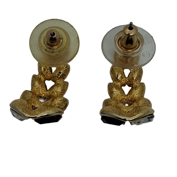 Monet Vintage Black & White Rhinestone Foliate Design Earrings - Picture 4 of 5